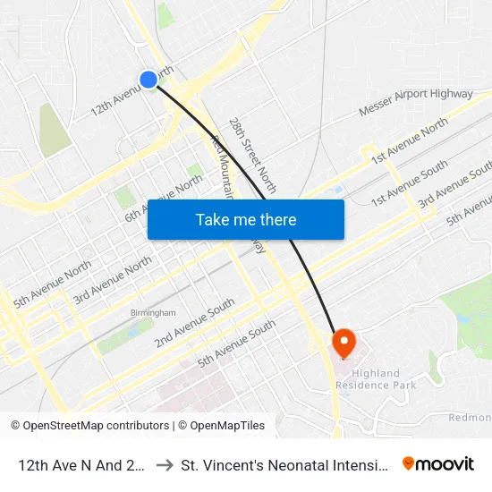 12th Ave N And 25th St N to St. Vincent's Neonatal Intensive Care Unit map