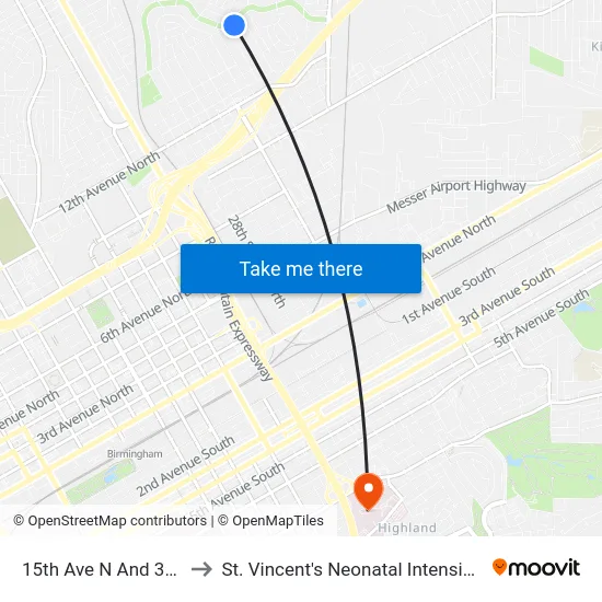 15th Ave N And 33rd St N to St. Vincent's Neonatal Intensive Care Unit map