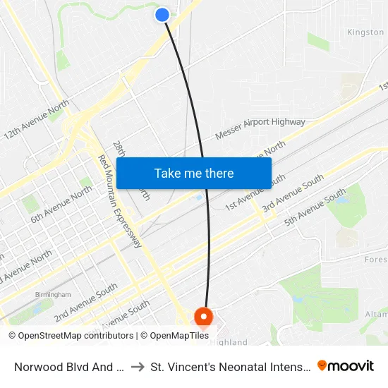 Norwood Blvd And 36th St N to St. Vincent's Neonatal Intensive Care Unit map