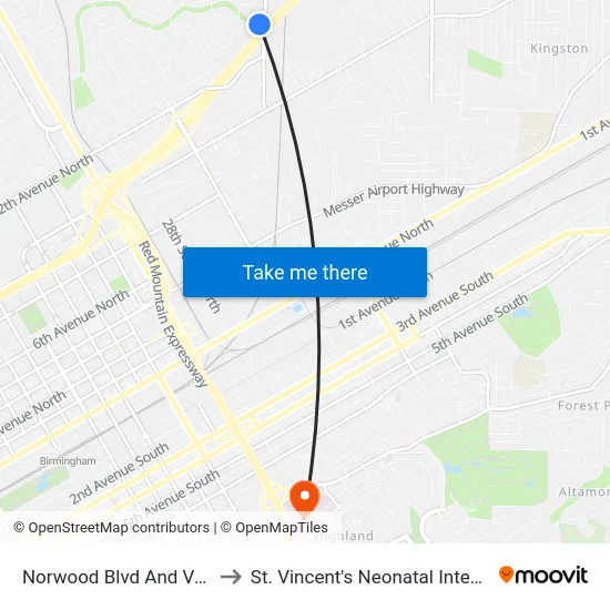 Norwood Blvd And Vanderbilt Rd to St. Vincent's Neonatal Intensive Care Unit map