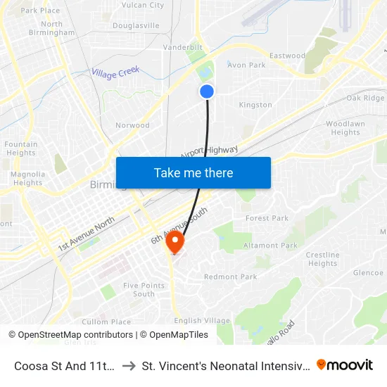 Coosa St And 11th Ave N to St. Vincent's Neonatal Intensive Care Unit map