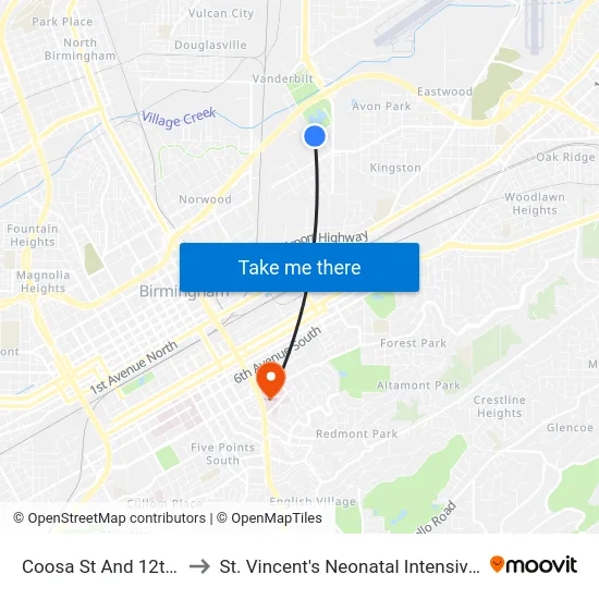 Coosa St And 12th Ave N to St. Vincent's Neonatal Intensive Care Unit map
