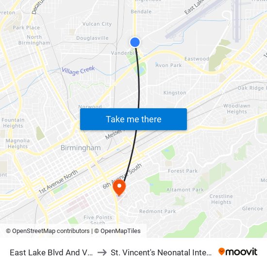 East Lake Blvd And Vanderbilt Rd to St. Vincent's Neonatal Intensive Care Unit map