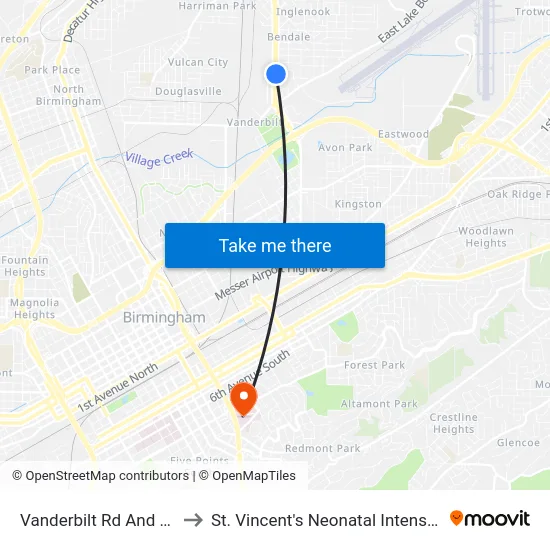 Vanderbilt Rd And 35th St N to St. Vincent's Neonatal Intensive Care Unit map