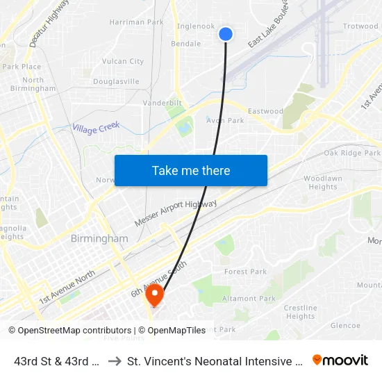 43rd St & 43rd Place to St. Vincent's Neonatal Intensive Care Unit map