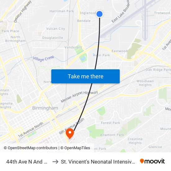 44th Ave N And 43rd St to St. Vincent's Neonatal Intensive Care Unit map