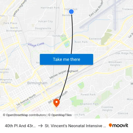 40th Pl And 43rd Ave to St. Vincent's Neonatal Intensive Care Unit map