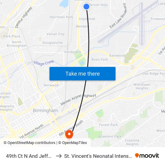 49th Ct N And Jefferson Ave to St. Vincent's Neonatal Intensive Care Unit map