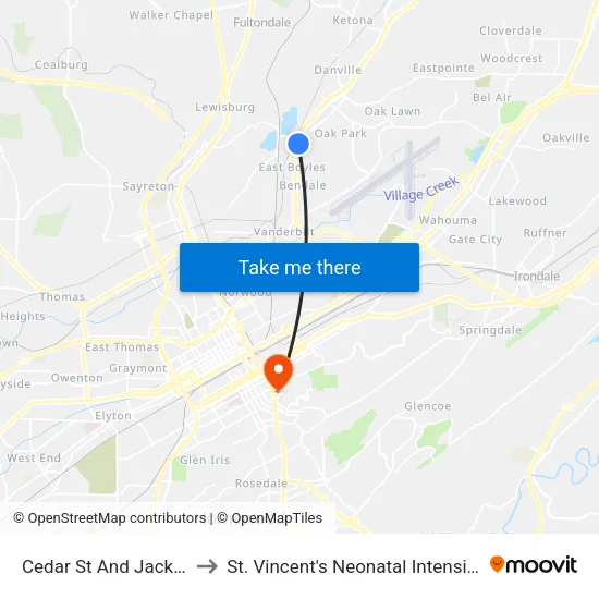Cedar St And Jackson Blvd to St. Vincent's Neonatal Intensive Care Unit map