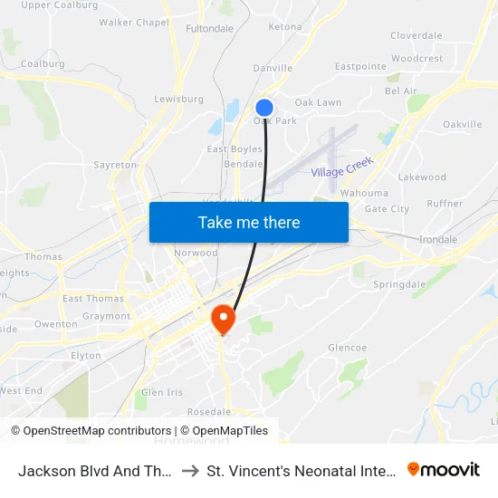 Jackson Blvd And Thomason Ave to St. Vincent's Neonatal Intensive Care Unit map