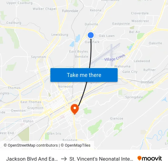 Jackson Blvd And East Lake Blvd to St. Vincent's Neonatal Intensive Care Unit map