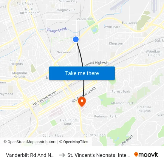 Vanderbilt Rd And Norwood Blvd to St. Vincent's Neonatal Intensive Care Unit map