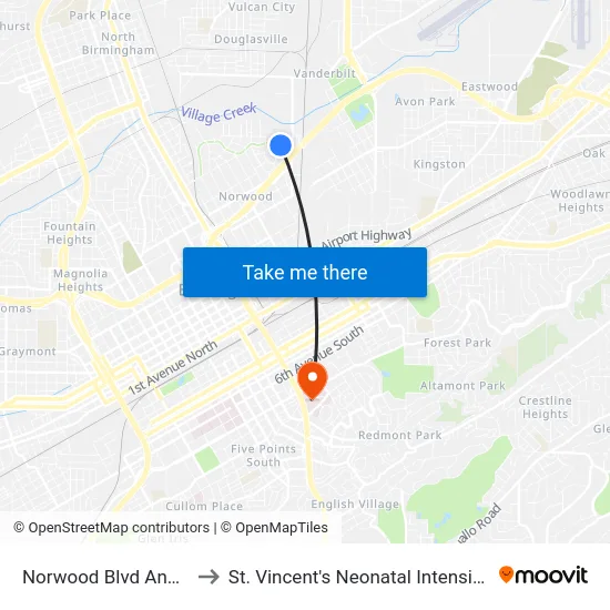 Norwood Blvd And 36th St to St. Vincent's Neonatal Intensive Care Unit map