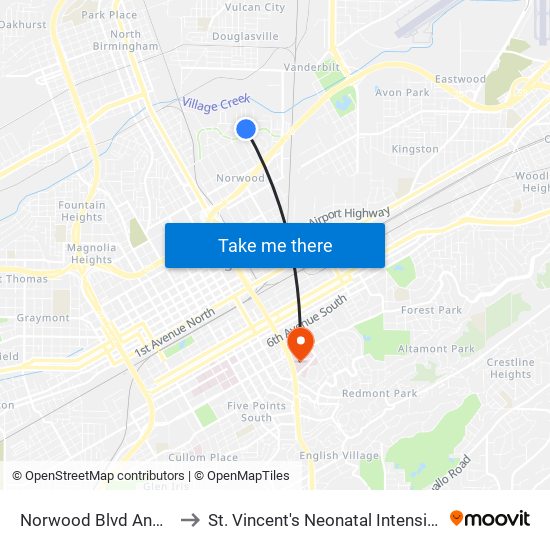 Norwood Blvd And 34th St to St. Vincent's Neonatal Intensive Care Unit map