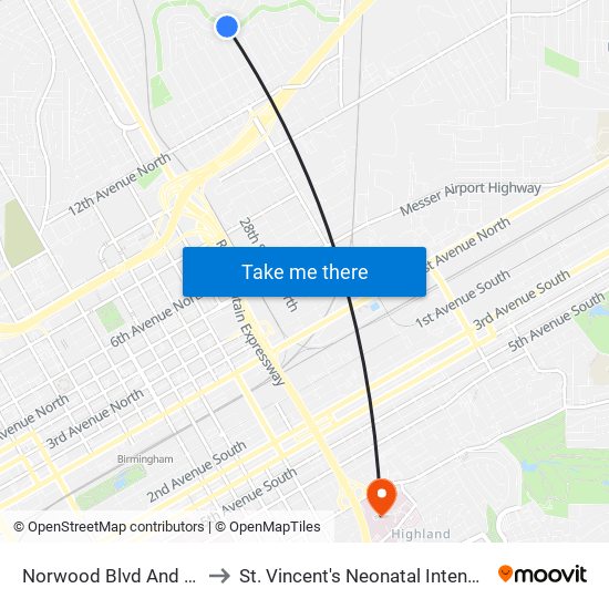 Norwood Blvd And 32nd St N to St. Vincent's Neonatal Intensive Care Unit map