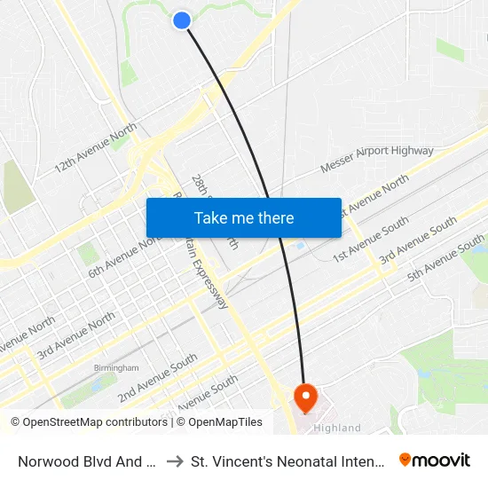 Norwood Blvd And 32nd St N to St. Vincent's Neonatal Intensive Care Unit map