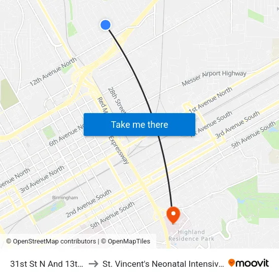 31st St N And 13th Ave N to St. Vincent's Neonatal Intensive Care Unit map