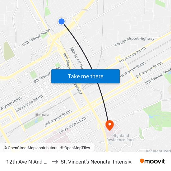 12th Ave N And 29th St to St. Vincent's Neonatal Intensive Care Unit map