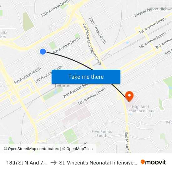 18th St N And 7th Ave to St. Vincent's Neonatal Intensive Care Unit map