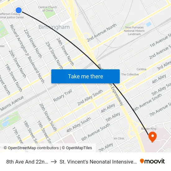 8th Ave And 22nd St N to St. Vincent's Neonatal Intensive Care Unit map