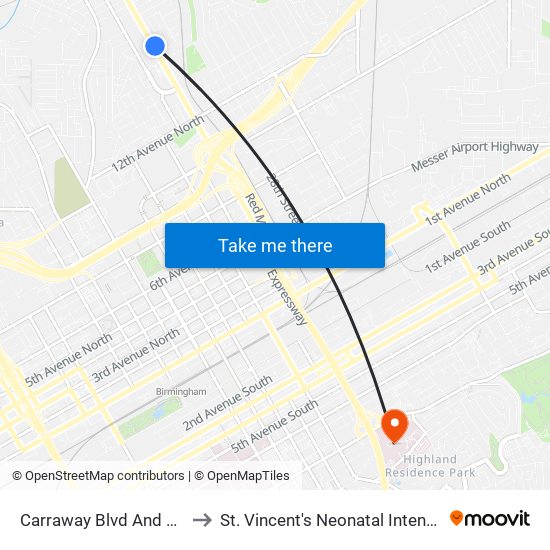 Carraway Blvd And 16th Ave N to St. Vincent's Neonatal Intensive Care Unit map