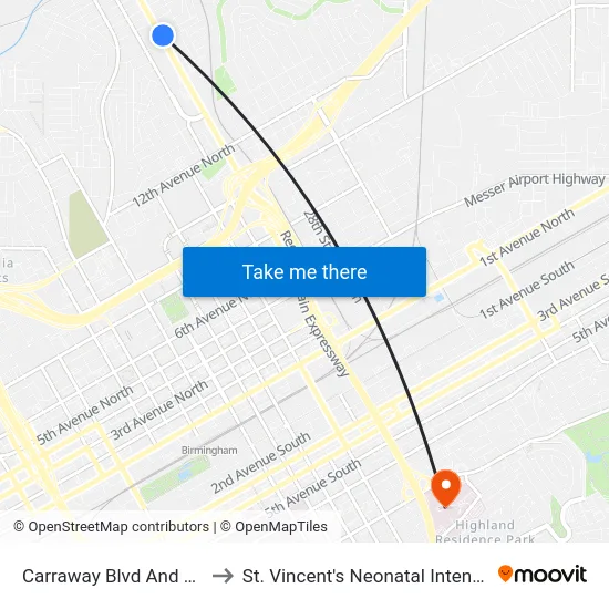 Carraway Blvd And 17th Ave N to St. Vincent's Neonatal Intensive Care Unit map
