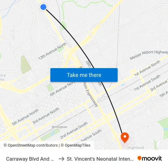 Carraway Blvd And 19th Ave N to St. Vincent's Neonatal Intensive Care Unit map