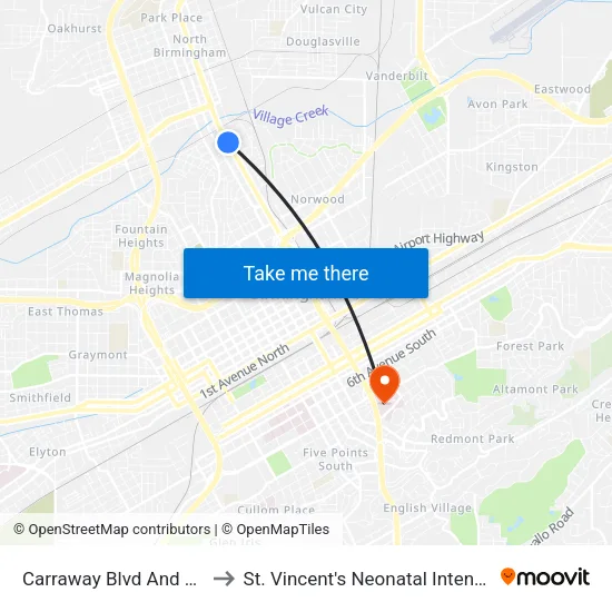 Carraway Blvd And 21st Ave N to St. Vincent's Neonatal Intensive Care Unit map