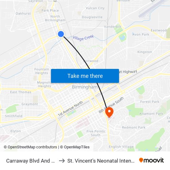 Carraway Blvd And Finley Blvd to St. Vincent's Neonatal Intensive Care Unit map