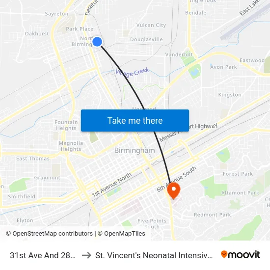 31st Ave And 28th St N to St. Vincent's Neonatal Intensive Care Unit map