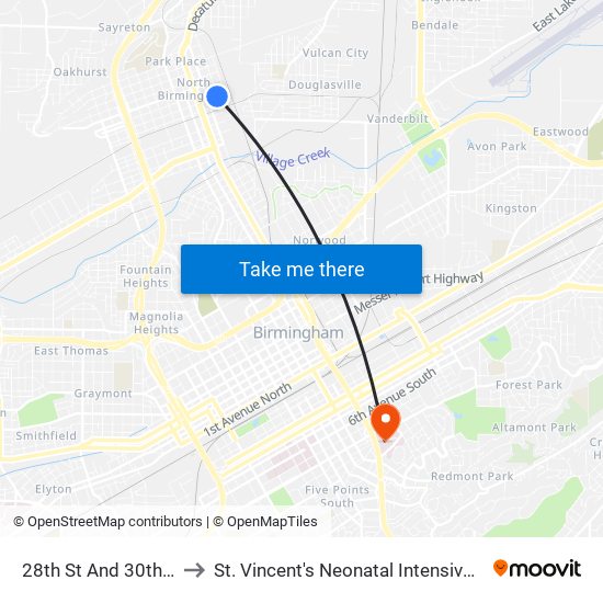 28th St And 30th Ave N to St. Vincent's Neonatal Intensive Care Unit map