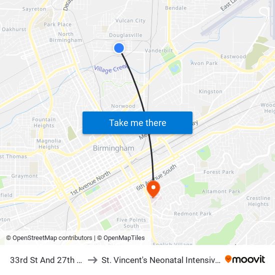 33rd St And 27th Court N to St. Vincent's Neonatal Intensive Care Unit map