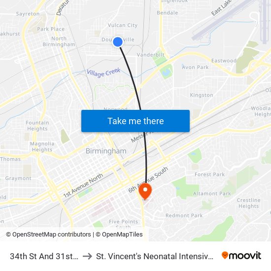 34th St And 31st Ave N to St. Vincent's Neonatal Intensive Care Unit map