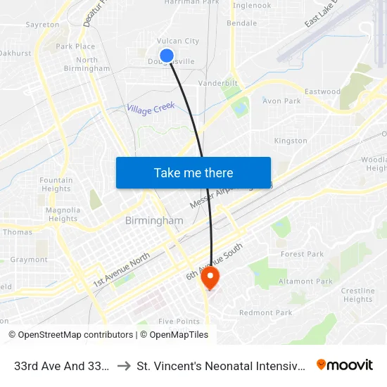 33rd Ave And 33rd Pl N to St. Vincent's Neonatal Intensive Care Unit map
