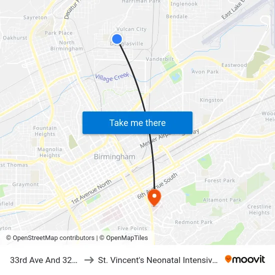 33rd Ave And 32nd Pl N to St. Vincent's Neonatal Intensive Care Unit map