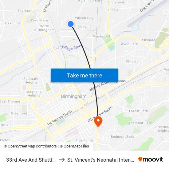 33rd Ave And Shuttleworth Dr. to St. Vincent's Neonatal Intensive Care Unit map