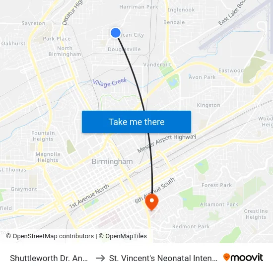 Shuttleworth Dr. And 33rd St N to St. Vincent's Neonatal Intensive Care Unit map