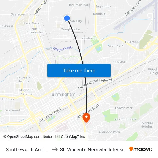 Shuttleworth And 33rd Pl N to St. Vincent's Neonatal Intensive Care Unit map