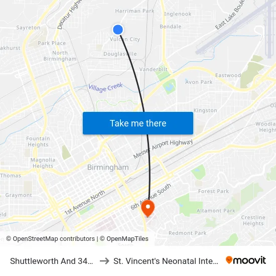 Shuttleworth And 34th Terrace N to St. Vincent's Neonatal Intensive Care Unit map