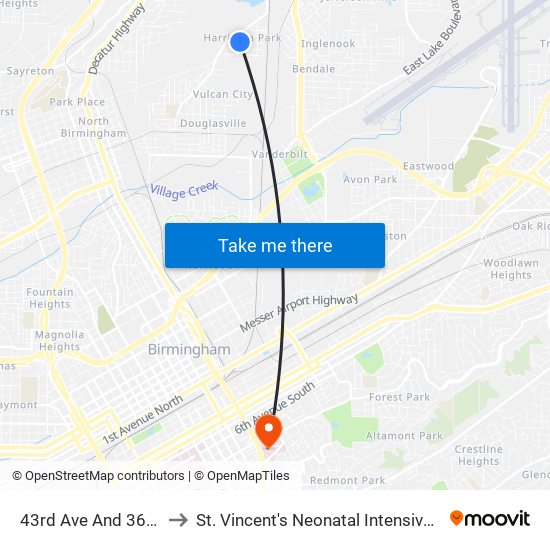 43rd Ave And 36th St N to St. Vincent's Neonatal Intensive Care Unit map