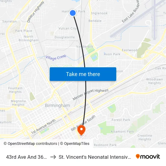 43rd Ave And 36th St N to St. Vincent's Neonatal Intensive Care Unit map