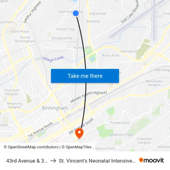 43rd Avenue & 37th St to St. Vincent's Neonatal Intensive Care Unit map