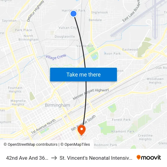 42nd Ave And 36th St N to St. Vincent's Neonatal Intensive Care Unit map