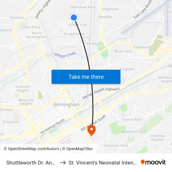Shuttleworth Dr. And 34th Pl N to St. Vincent's Neonatal Intensive Care Unit map