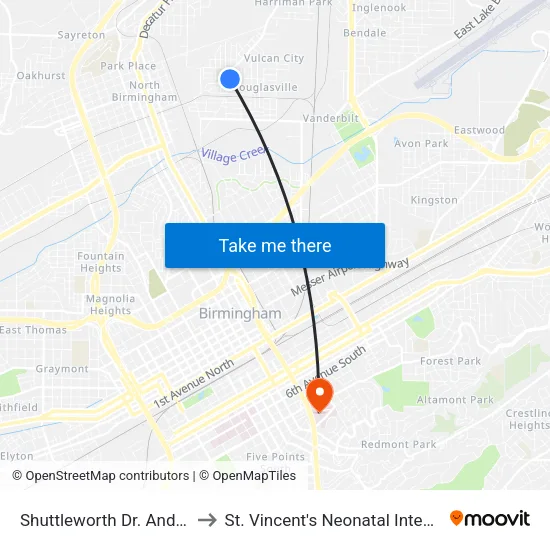 Shuttleworth Dr. And 33rd Ave N to St. Vincent's Neonatal Intensive Care Unit map