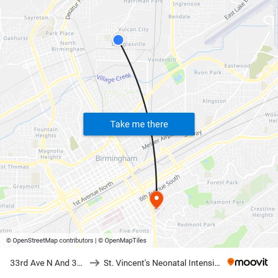 33rd Ave N And 32nd Pl N to St. Vincent's Neonatal Intensive Care Unit map