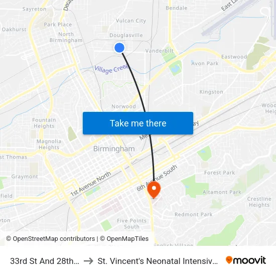 33rd St And 28th Ave N to St. Vincent's Neonatal Intensive Care Unit map