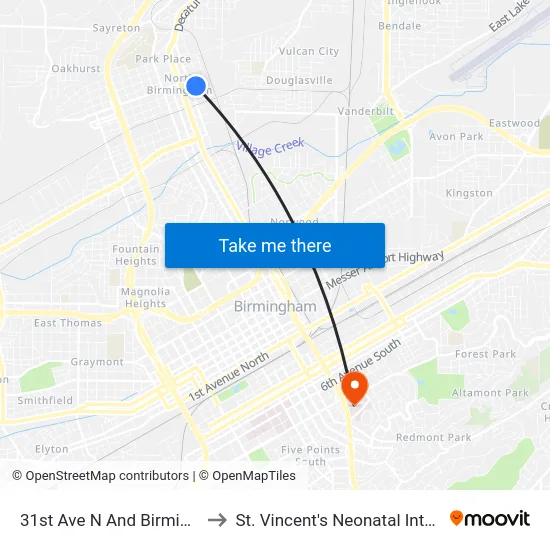 31st Ave N And Birmingham Towers to St. Vincent's Neonatal Intensive Care Unit map