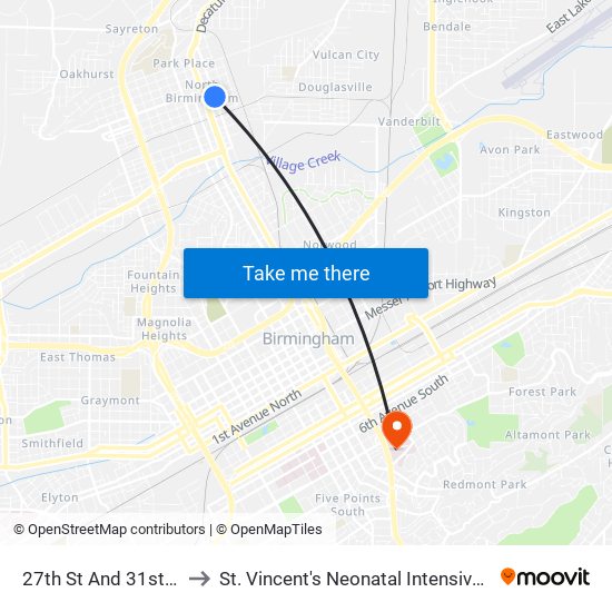 27th St And 31st Ave N. to St. Vincent's Neonatal Intensive Care Unit map