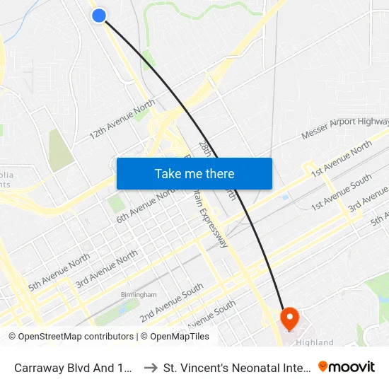 Carraway Blvd And 19th Ave N (Ib) to St. Vincent's Neonatal Intensive Care Unit map